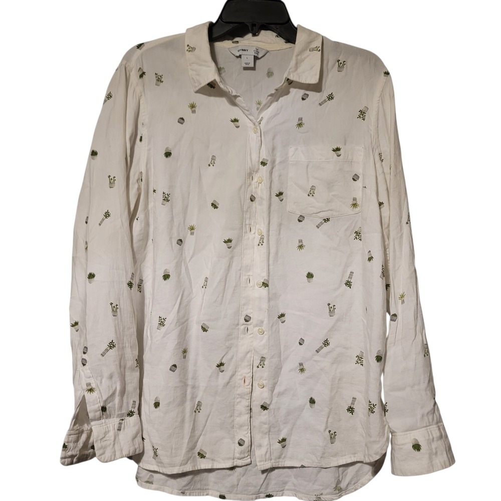 The Classic‎ Old Navy Shirt women's Large white with potted plants long sleeve